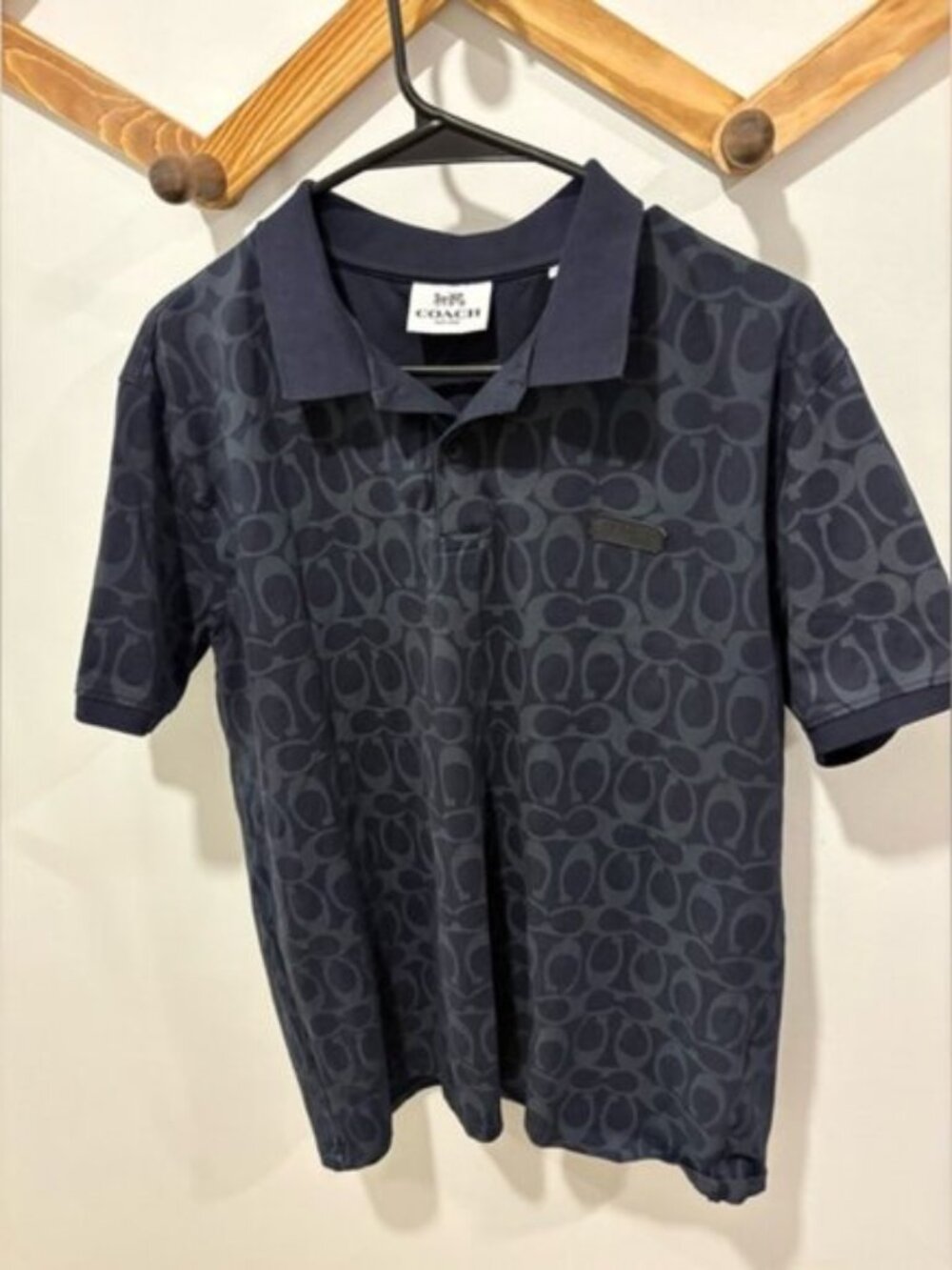 Coach Men’s Signature Monogram Polo Shirt - Navy Blue - XXL